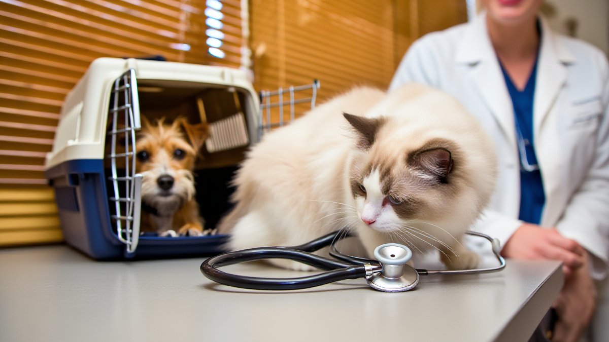 A calico cat being examined by a smiling veterinarian in a white coat inside a bright coastal California pet clinic with natural daylight