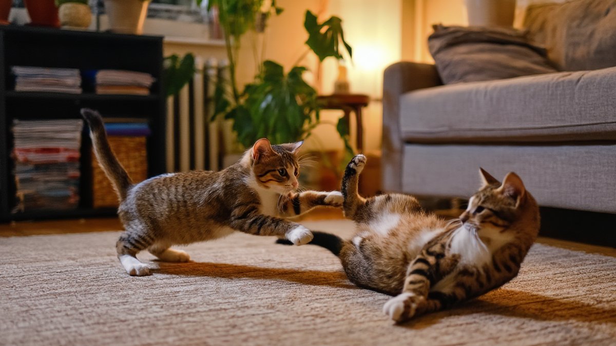 Two young cats chasing each other across a living-room rug, one mid-leap and the other rolling with a relaxed open posture in evening light