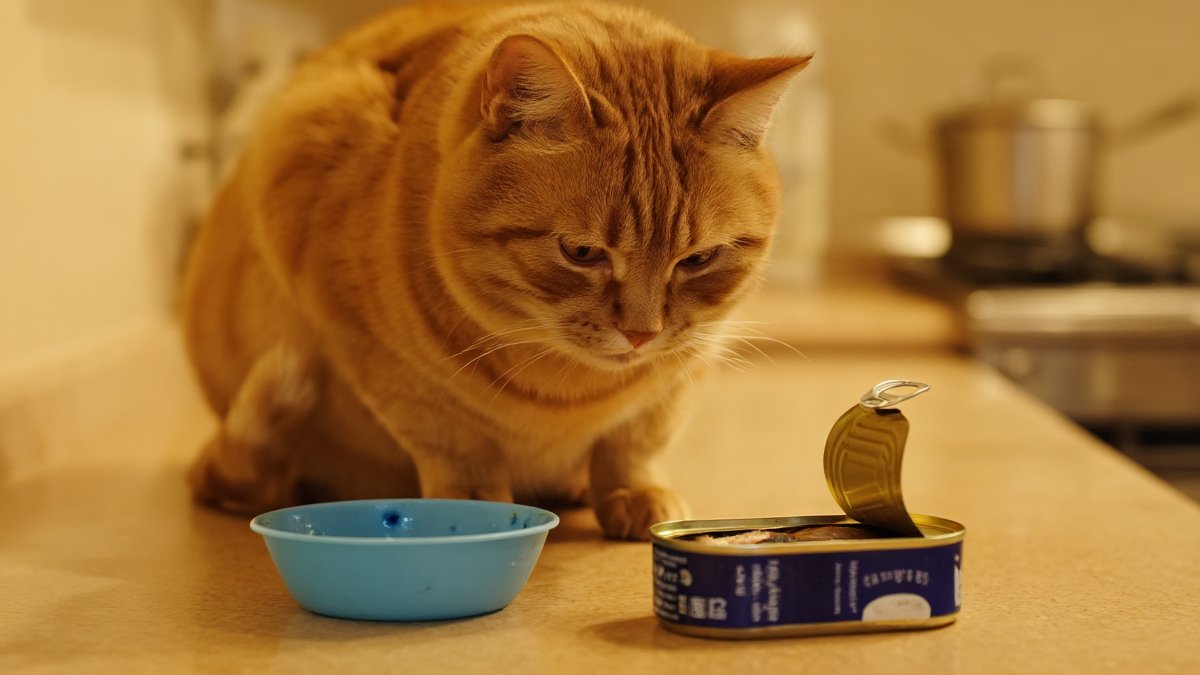An orange tabby cat leaning over a kitchen counter eyeing an open can of tuna with wide eyes in soft morning light