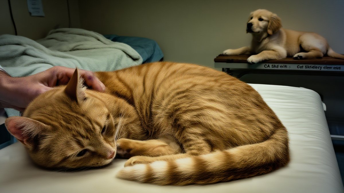 A veterinarian parting the fur along a tabby cat’s back to check for irritated skin during an allergy exam