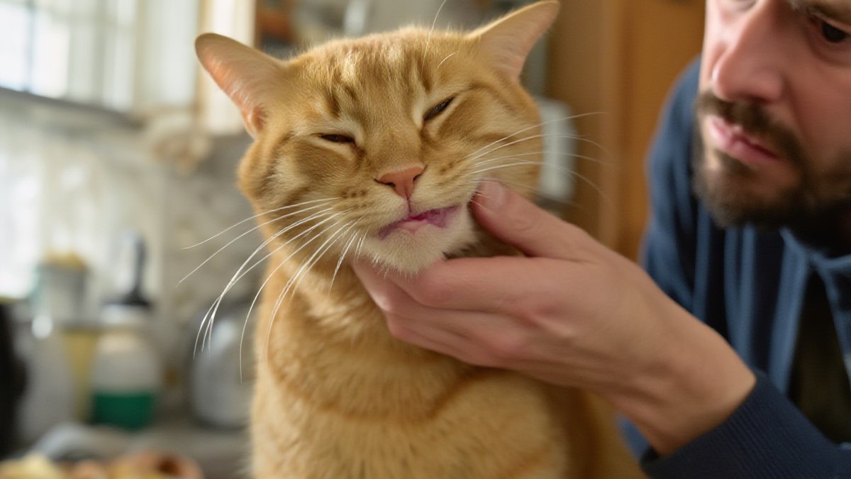 A grey tabby cat resting on a bed with its lower lip gently lifted by an owner's fingers to show pale pink gums in soft morning light