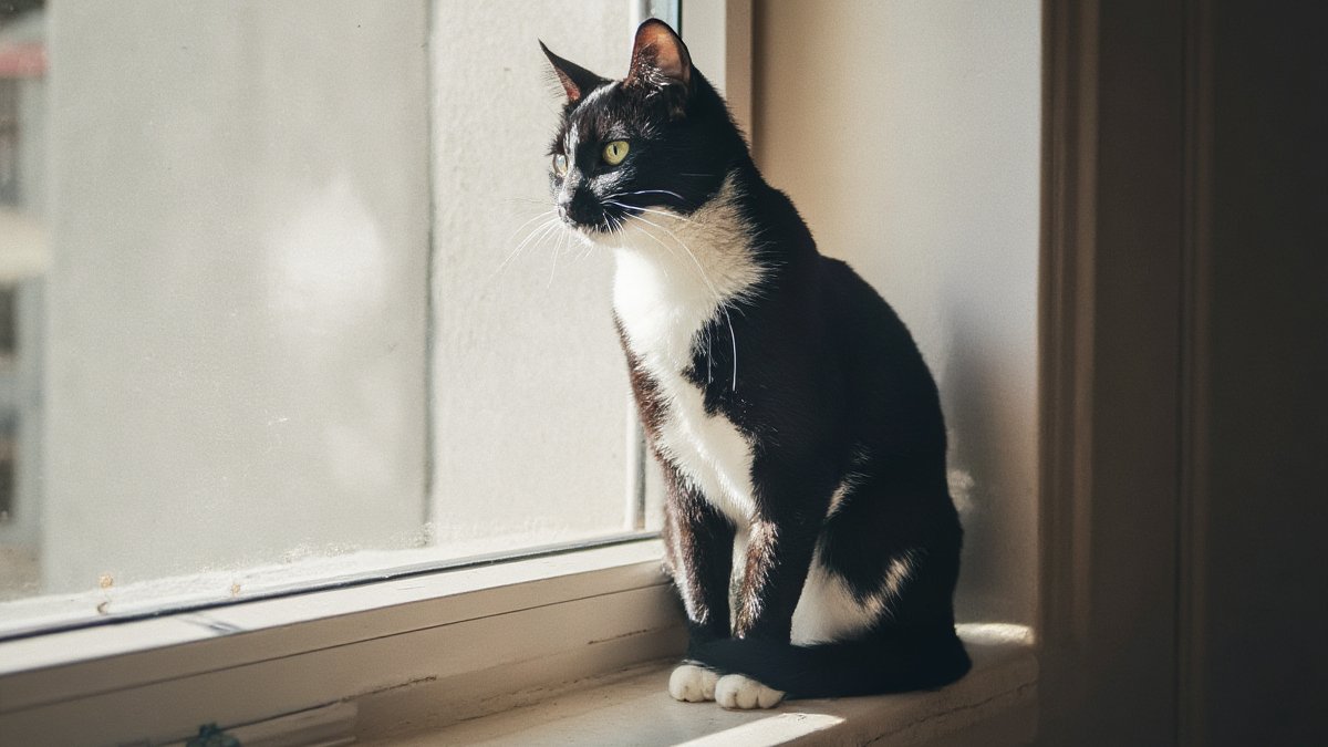 A black and white tuxedo cat resting upright on a windowsill in soft morning light, chest rising gently