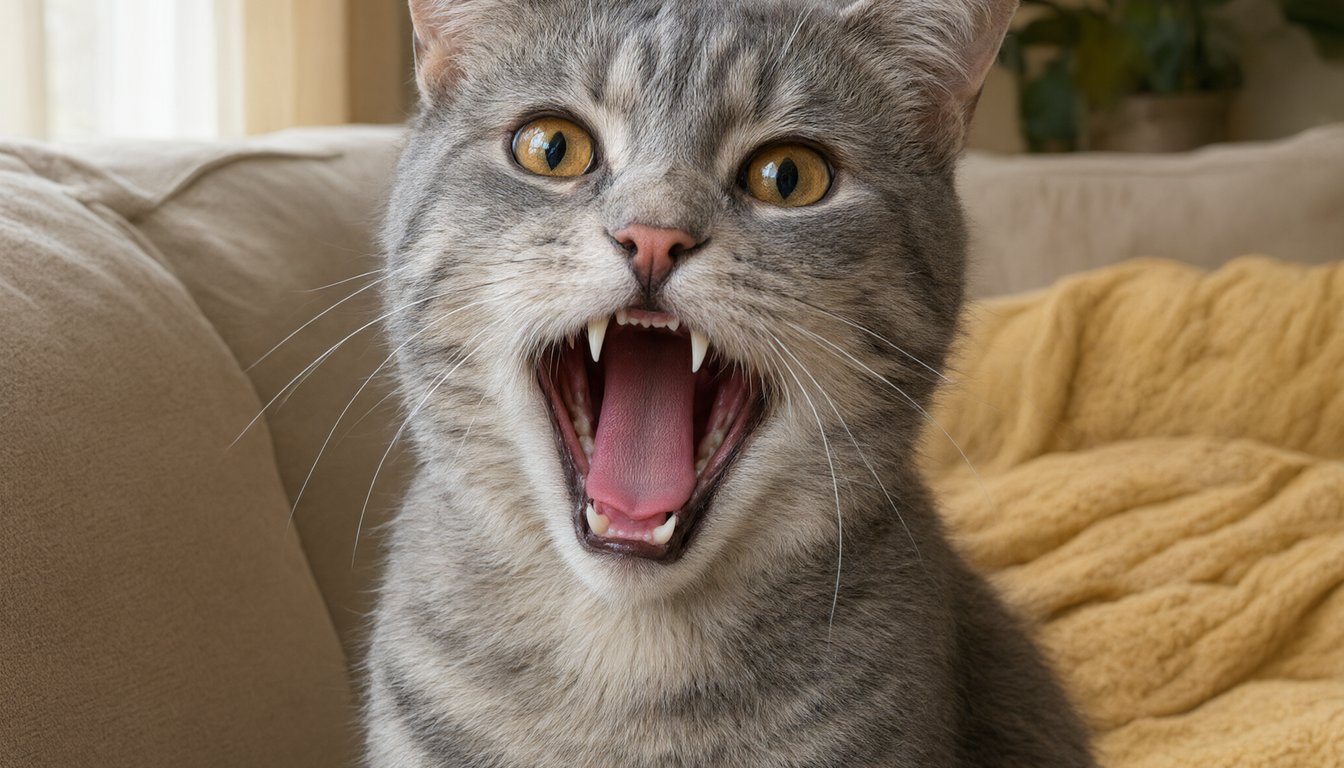 A curious grey tabby cat mid-yawn showing its teeth and pink gums in soft natural light in a cozy American home