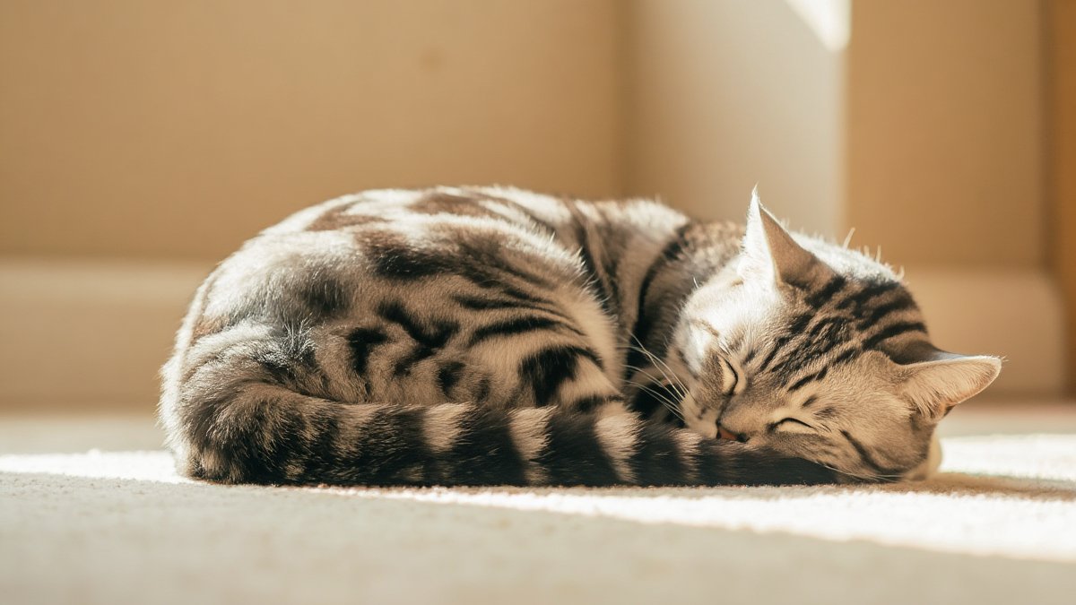 A silver tabby cat curled asleep on a light carpet while an owner crouches close with a phone timer counting breaths