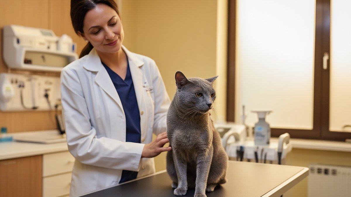 A senior cat being gently examined by an oncology veterinarian in a calm American clinic