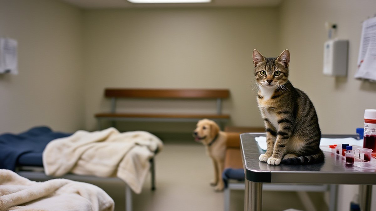A grey cat peeking calmly out of an open carrier in a bright veterinary examination room