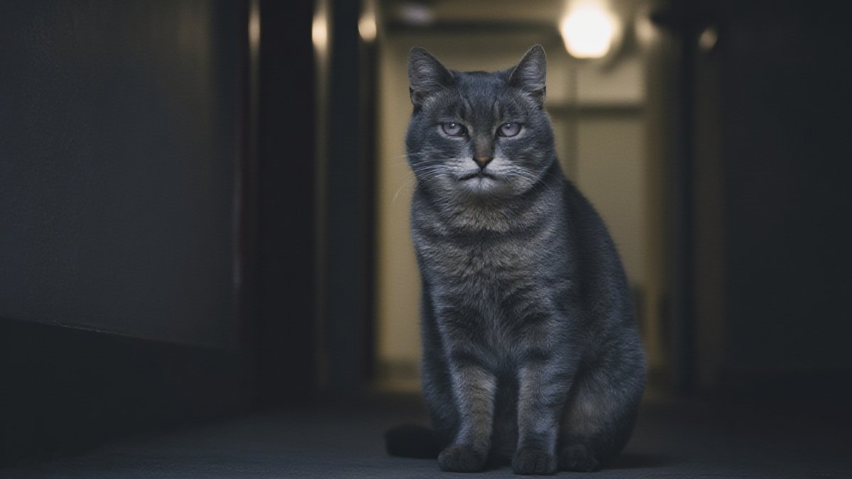 An elderly gray cat with cloudy eyes sitting alone on a dim hallway floor at night, looking confused