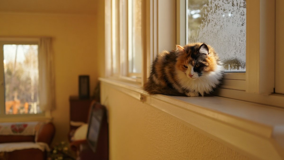 A fluffy calico cat curled up on a warm windowsill beside a frosted window with a snowy winter scene outside