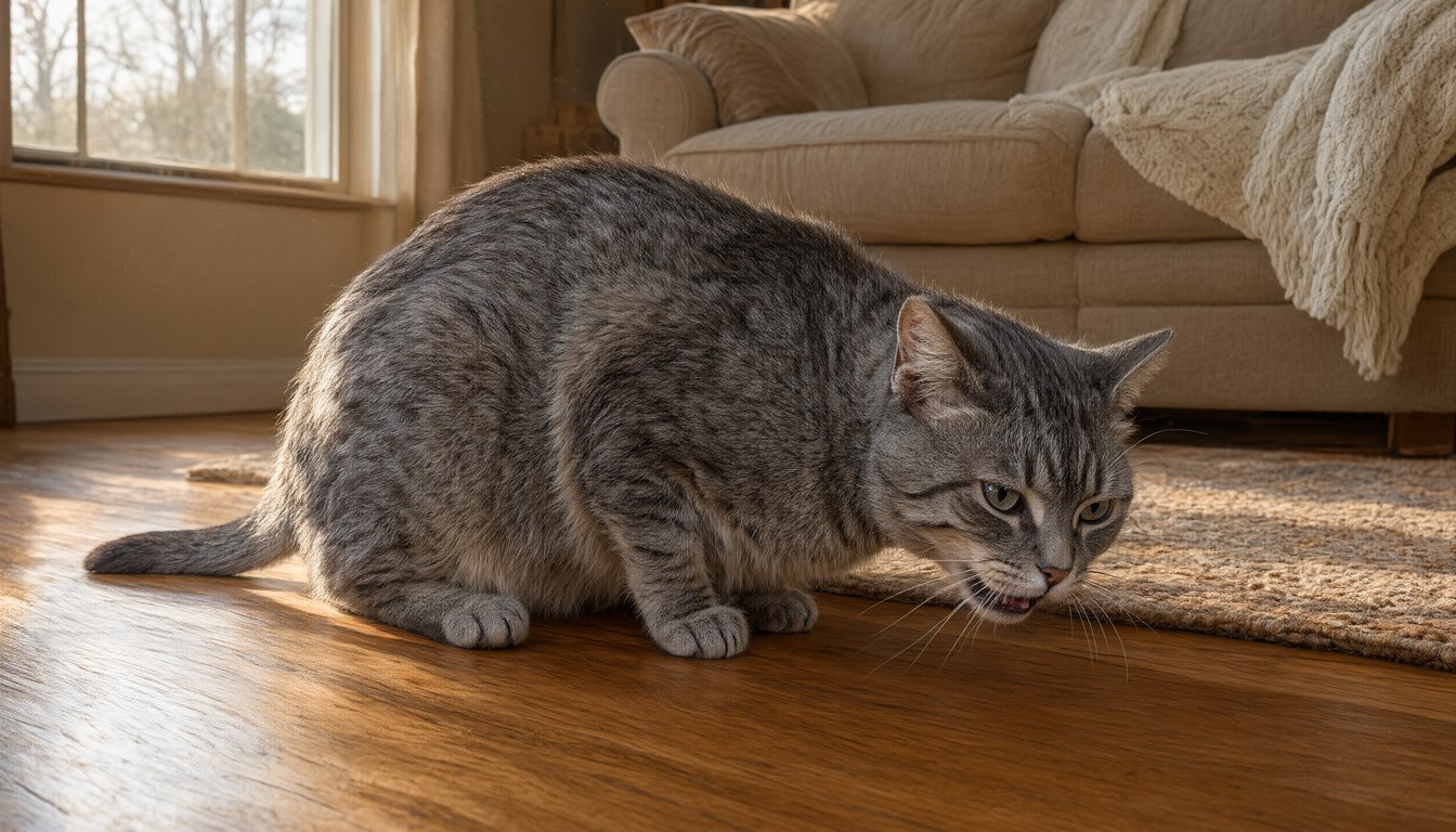 A grey tabby cat crouched low with neck extended mid-cough on a hardwood floor in a sunlit American living room