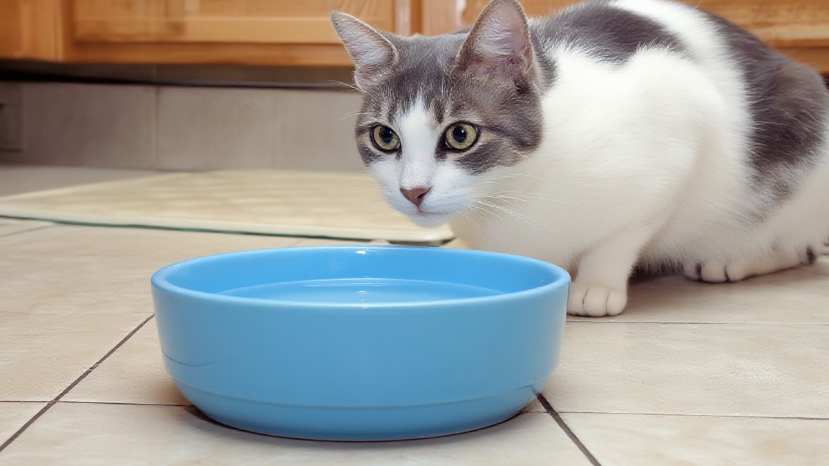 A white and grey cat leaning toward a water bowl on a tiled kitchen floor, hesitant, bright daylight