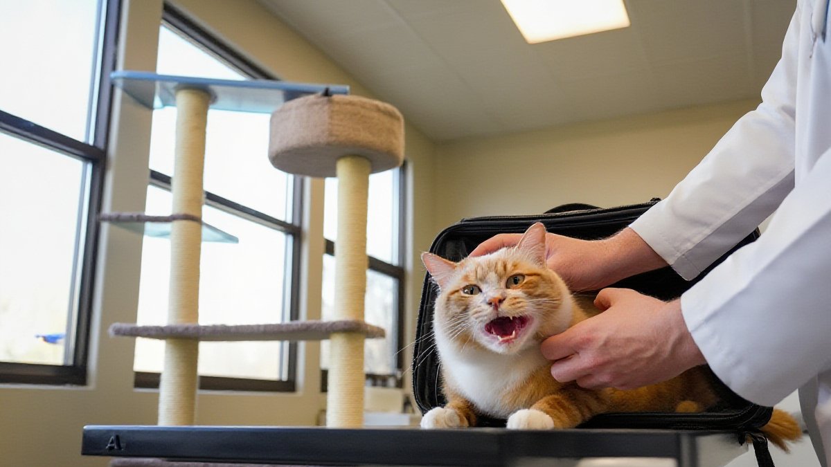 A veterinarian in a white coat gently lifting the lip of an orange tabby cat to examine its teeth and gums in a bright clinic exam room