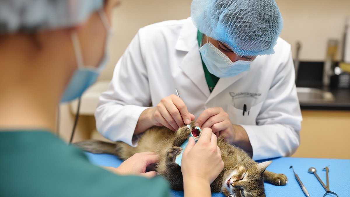A veterinarian performing a professional dental cleaning on an anesthetized cat at a clinic dental station