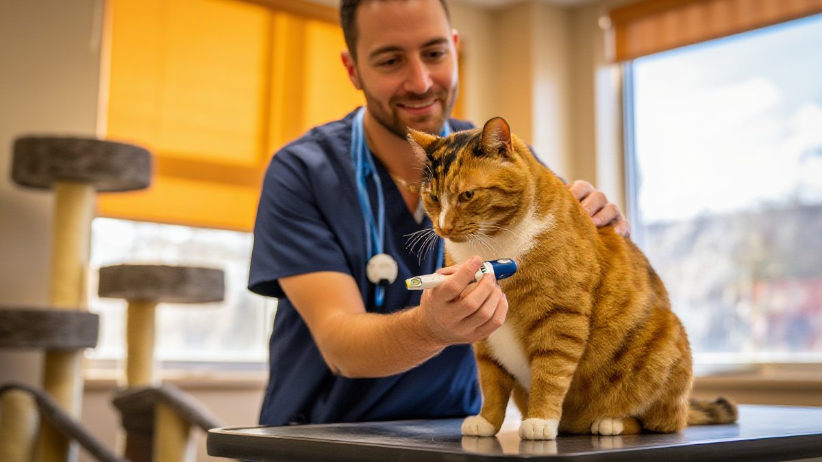A veterinarian holding a glucose meter beside a chubby orange tabby cat on an exam table at a veterinary clinic