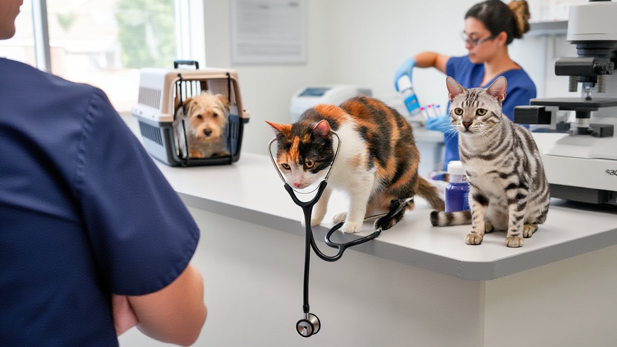 A calm cat sitting beside diagnostic equipment in a modern veterinary lab while a technician prepares samples