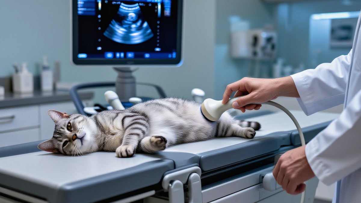Real-time imaging: an ultrasound probe on a tabby cat’s belly, the monitor showing what the hands feel
