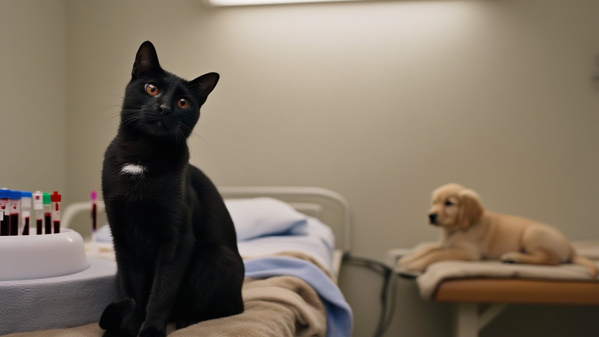 An orange tabby cat sitting alertly on an exam table beside a clipboard, out-of-focus supplies in the background of a light-filled veterinary exam room