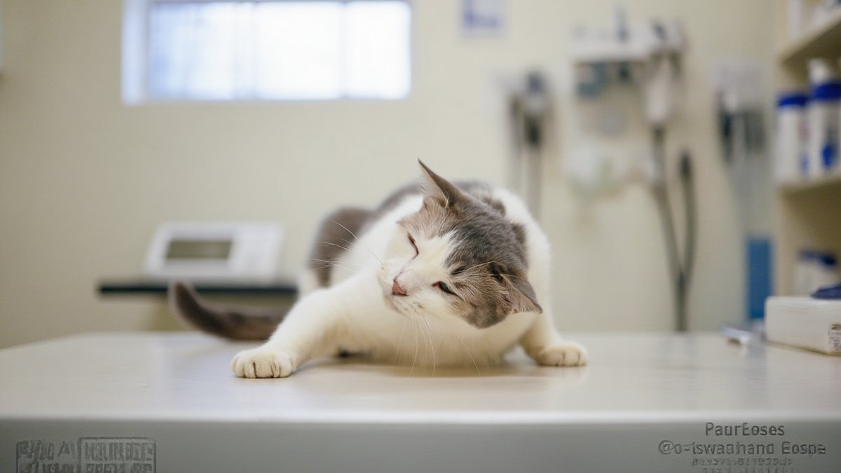 A white and grey cat shaking its head with one ear flattened in a bright veterinary exam room
