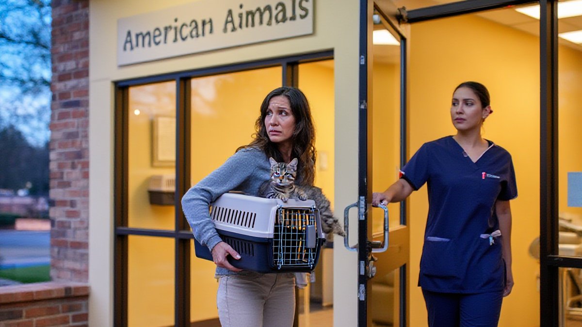 A concerned cat owner holding a carrier while a veterinarian prepares an exam room