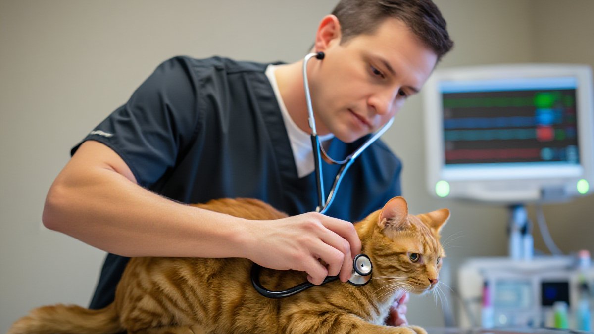 A veterinarian in scrubs examining an orange cat on an exam table under clinic lighting