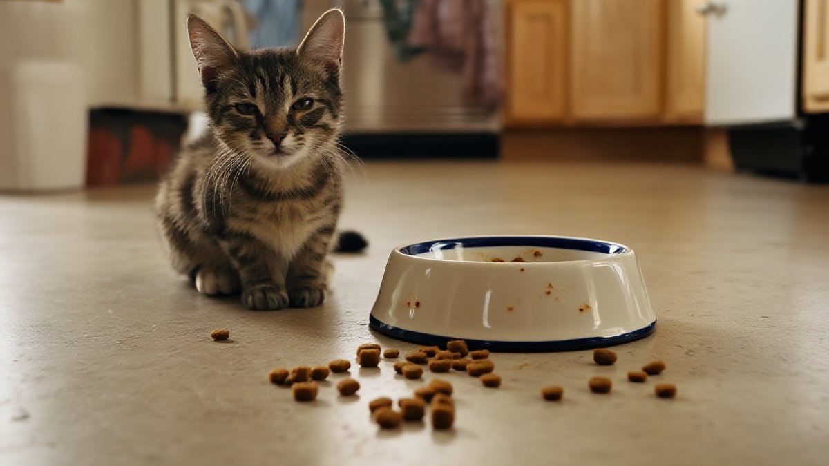 A worried tabby cat sitting beside an untouched bowl of food in a home kitchen at night