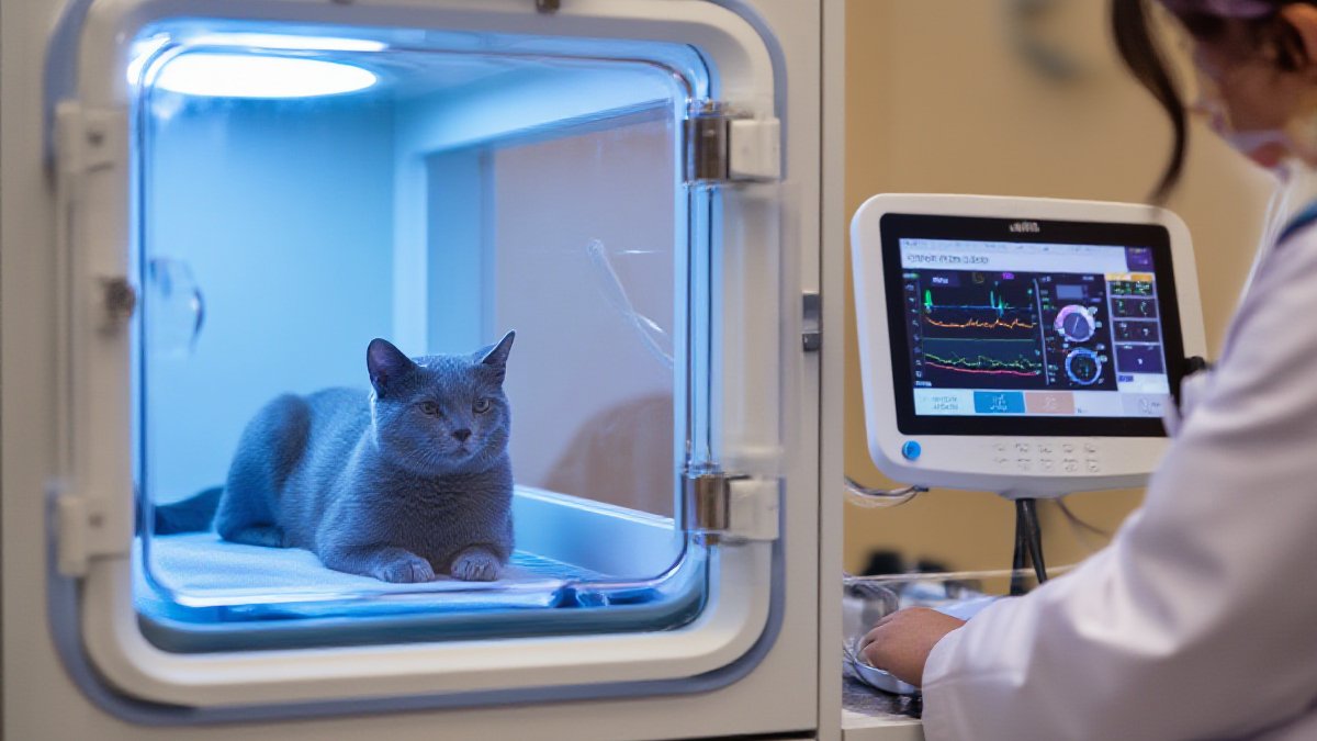 A grey cat resting inside an oxygen kennel in a quiet treatment area, a technician monitoring from a nearby screen