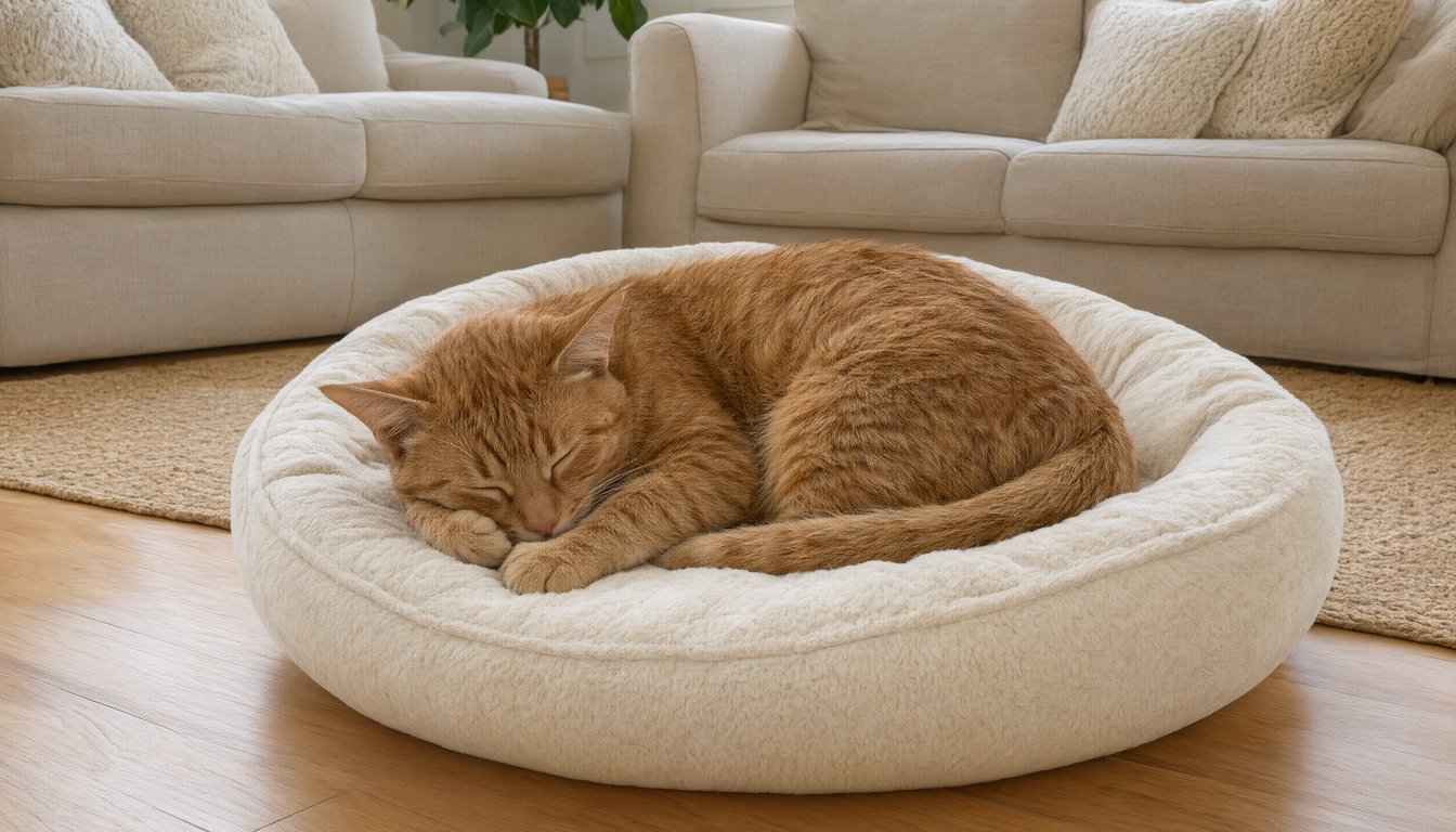 A young orange tabby cat curled up resting in a soft round bed on a wooden floor, looking tired with a dull coat