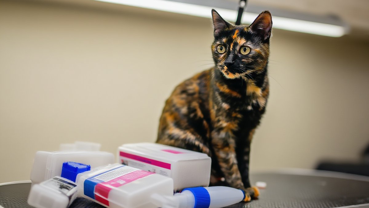 A veterinarian in scrubs gently holding a calm grey cat during a wellness exam in a bright clinic room