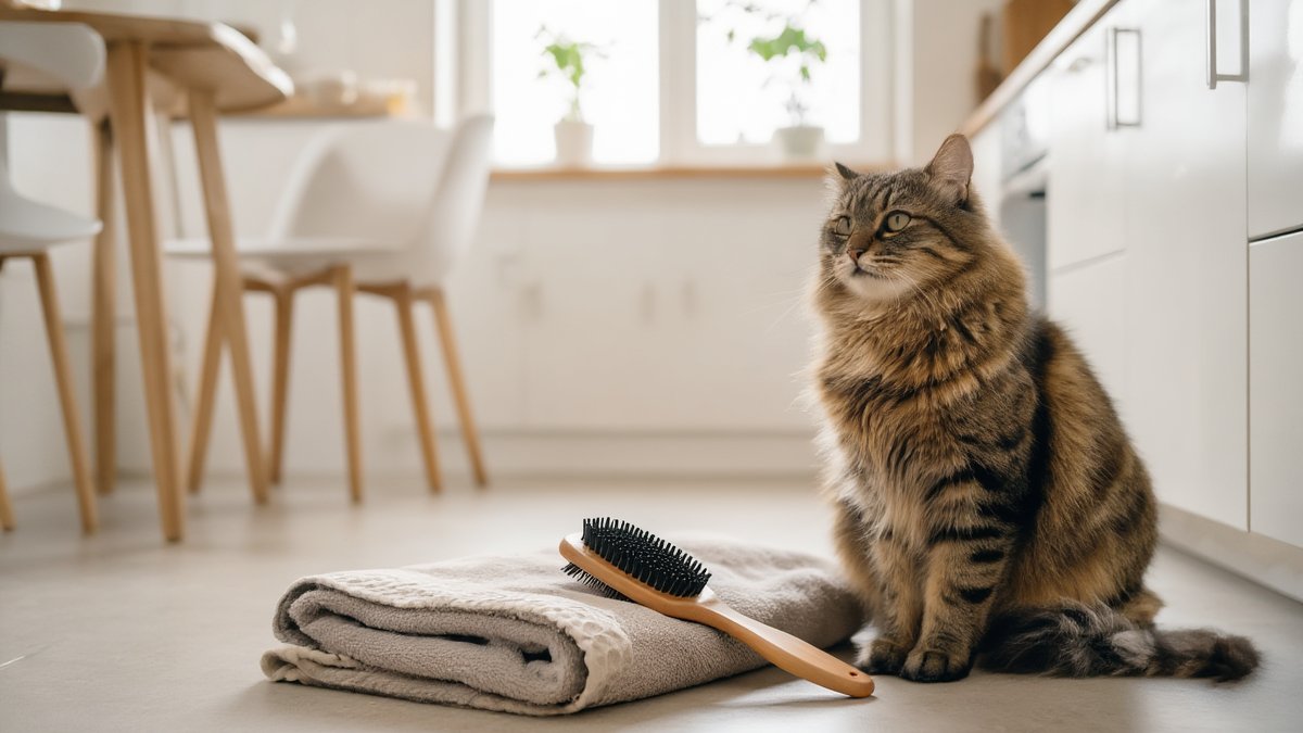 A fluffy brown tabby cat sitting beside a grooming brush on a bright kitchen floor while its owner kneels nearby