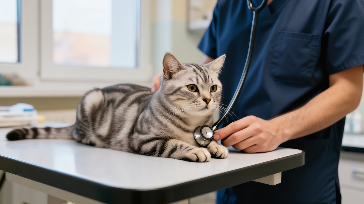 A calm silver tabby cat resting quietly while a veterinarian listens to its chest with a stethoscope in a softly lit exam room