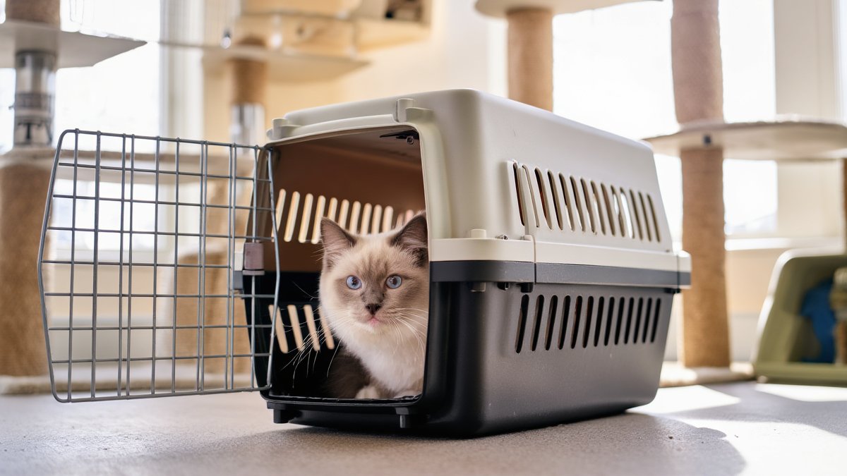 A cream-colored Ragdoll cat peeking out from a dim hiding spot under furniture while its owner kneels nearby