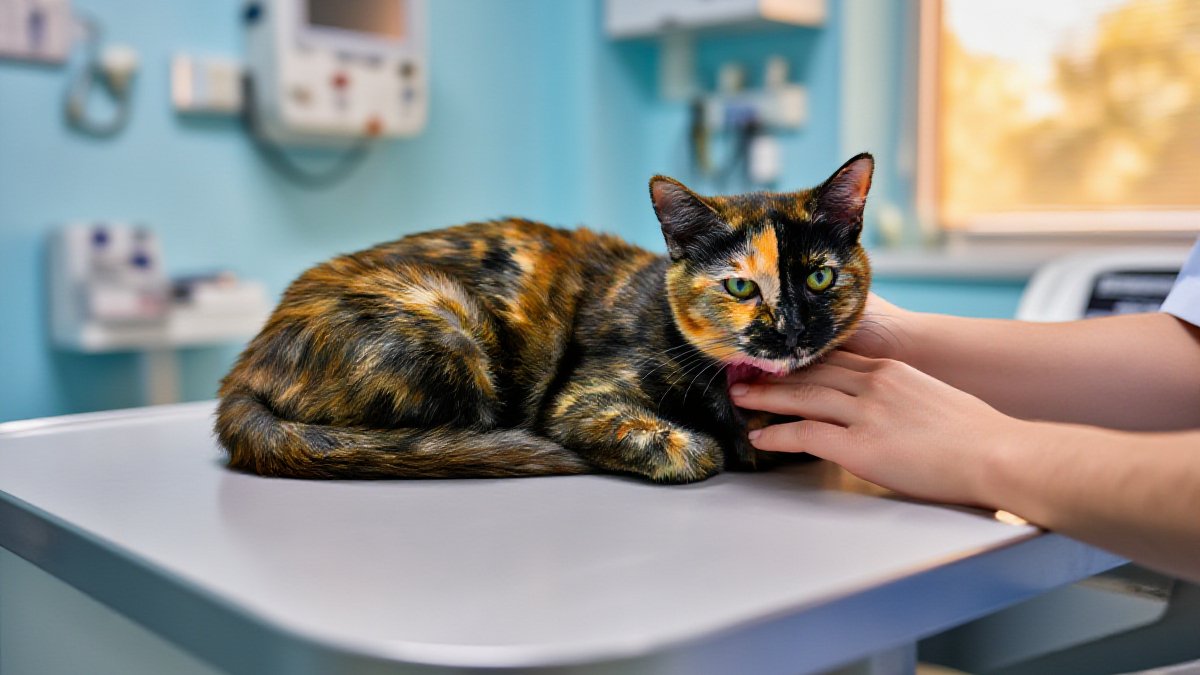 A veterinarian gently examining the throat of a thin tortoiseshell cat during an exam at a veterinary clinic