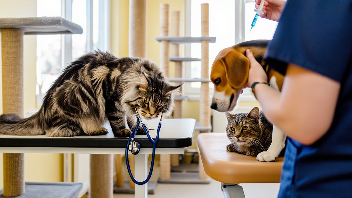 A veterinarian in navy scrubs preparing a fluid treatment beside a calm older tabby cat at a veterinary clinic
