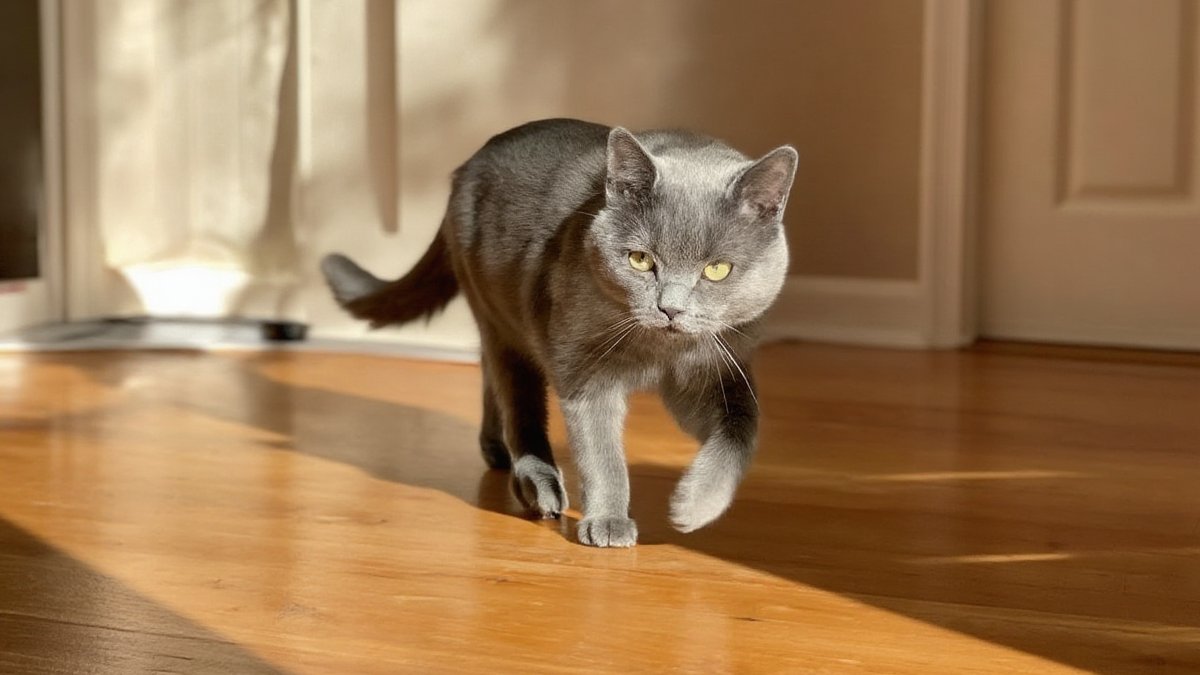 A young gray cat holding one front paw slightly raised while sitting on a wooden floor near its owner