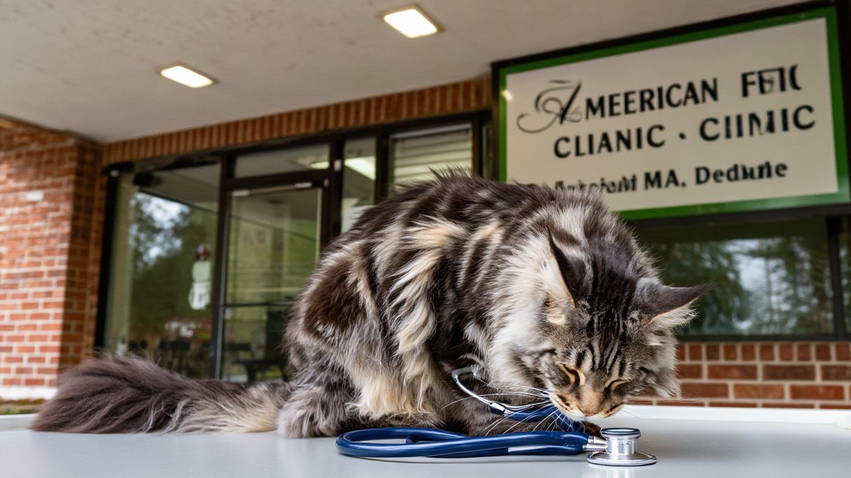 A fluffy Maine Coon cat sitting on an exam table while a veterinarian in navy scrubs parts its fur to check the skin