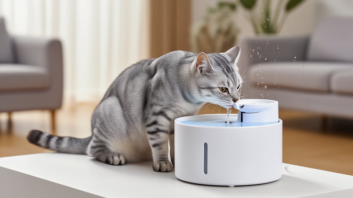 A relaxed grey tabby cat sitting beside a wide ceramic water bowl and a running pet fountain in warm home light
