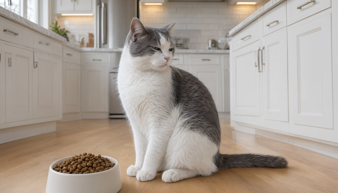 A white and grey cat sitting beside a full food bowl, looking away from it in a softly lit home kitchen