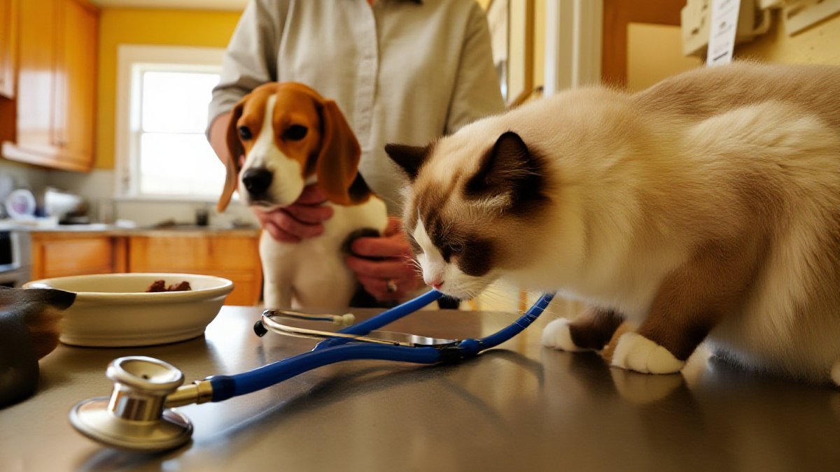 A calico cat eating from a ceramic bowl on a kitchen floor while morning light comes through a window, an American home kitchen softly blurred behind