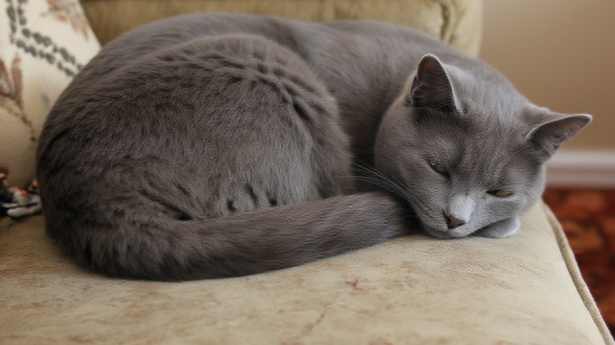 A grey shorthaired cat curled up on a sofa cushion, looking uncomfortable, in a softly lit American living room