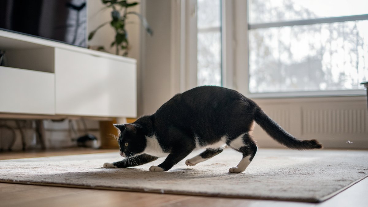 A black and white domestic shorthair cat scooting across a smooth rug in a bright living room