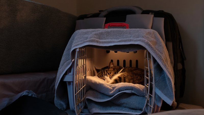 A cat resting inside an open carrier lined with a soft towel in a quiet dim room