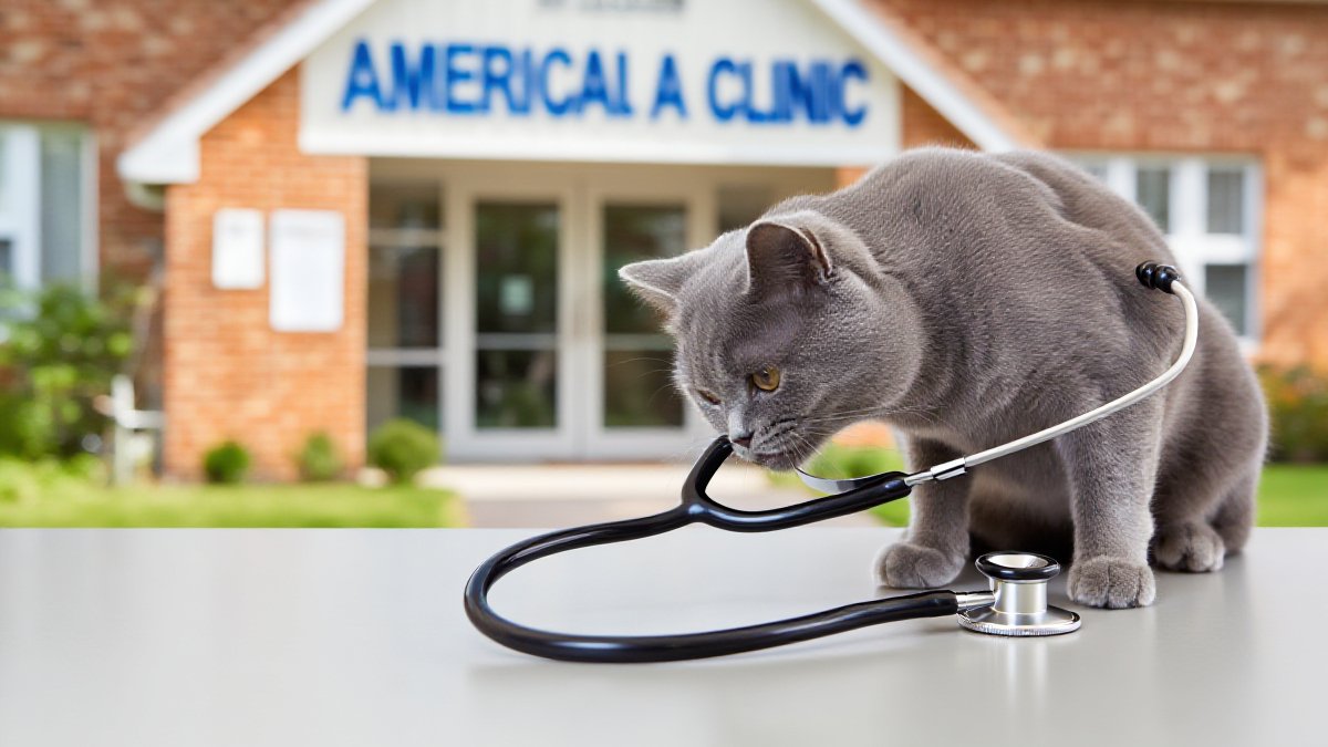 A grey British Shorthair being examined near a stethoscope at a brick-faced suburban veterinary clinic entrance in bright daylight