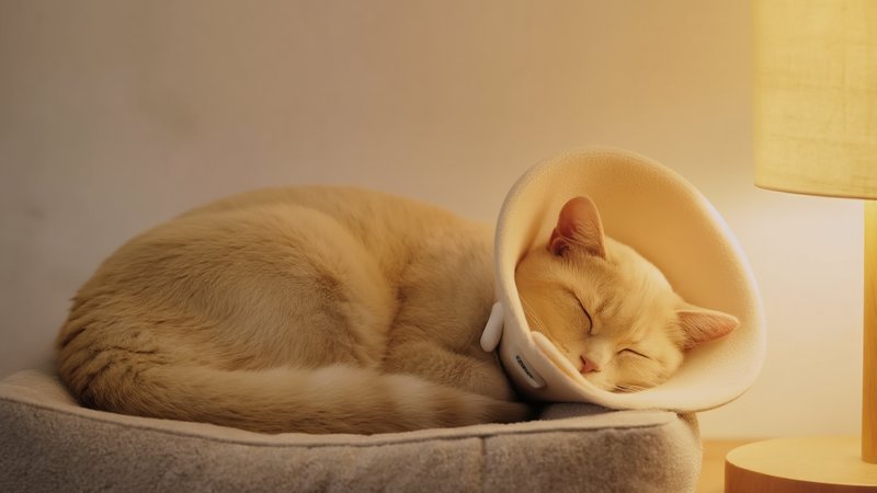 A cream-colored cat sleeping curled in a cozy recovery bed at home wearing a soft protective collar