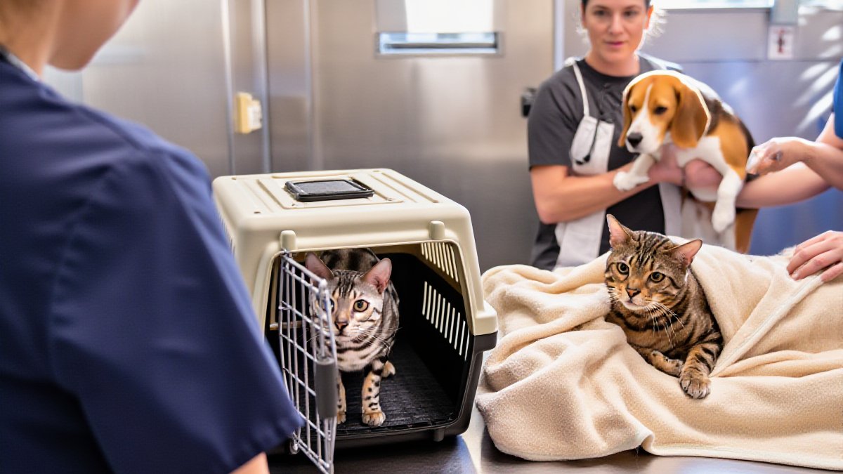 A relaxed tabby cat resting under a soft recovery blanket on a warm clinic bed while a veterinary nurse checks on it