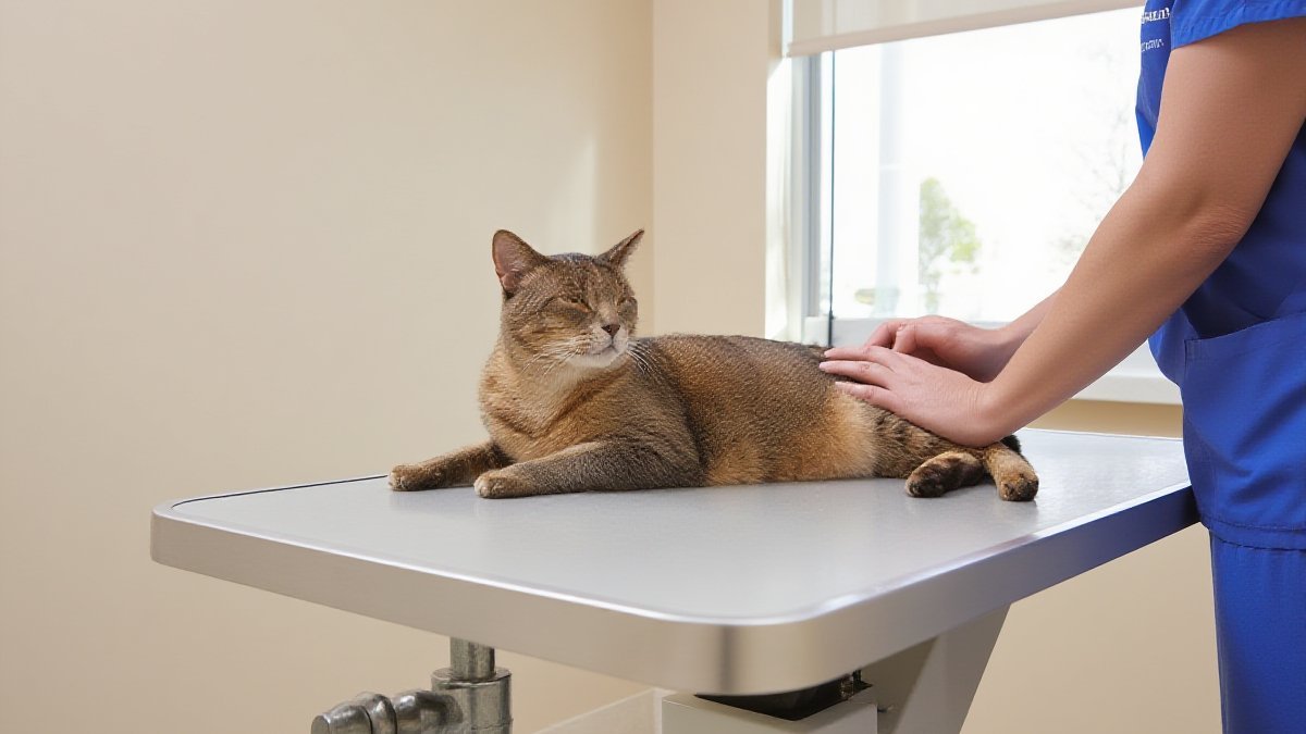 A calm cat resting in a bright, clean American veterinary clinic examination room while a veterinarian in scrubs checks on it