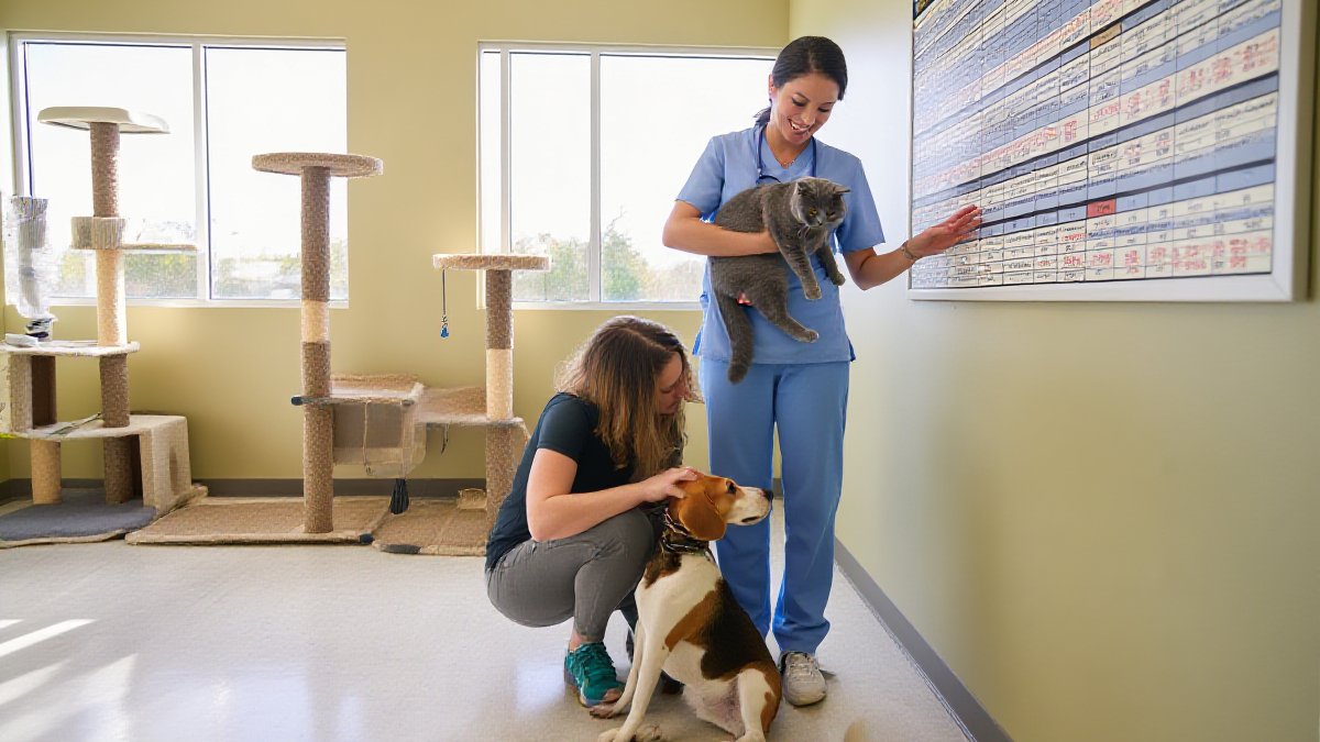 A friendly American veterinary receptionist holding a gray tabby cat in a bright Florida animal clinic lobby
