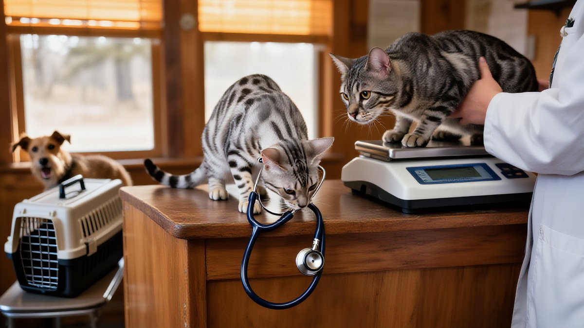 A veterinarian weighing a tabby cat on a digital scale during a wellness exam in a bright American veterinary clinic, an itemized estimate waiting on the counter
