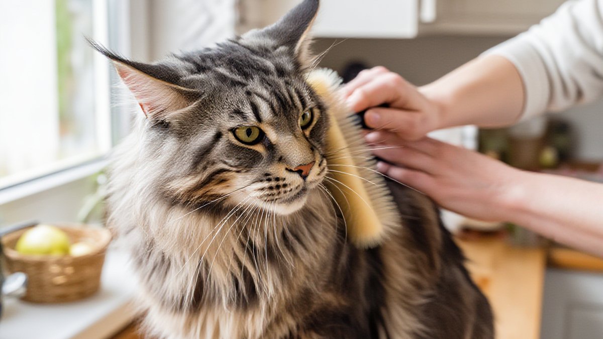 A long-haired Maine Coon being brushed in a bright American kitchen — the cheapest hairball medicine there is
