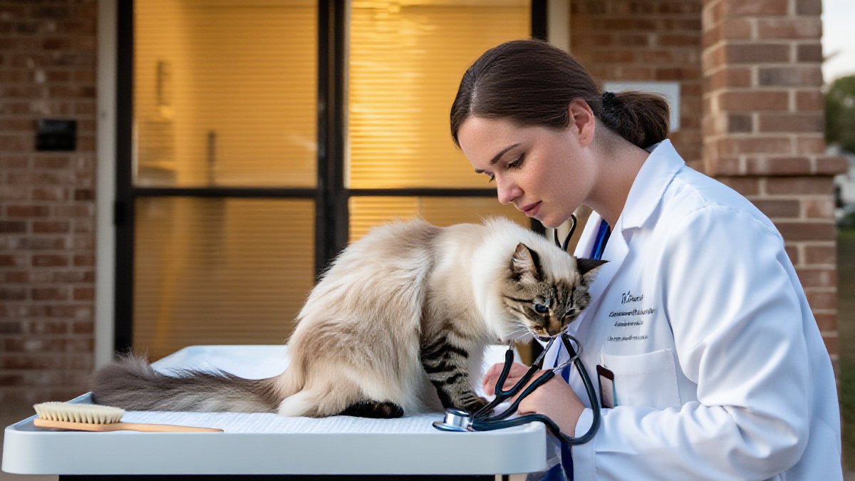 A gentle American veterinarian in a white coat kneeling beside a calm tabby cat on an exam table in a bright, sunlit suburban Texas veterinary clinic
