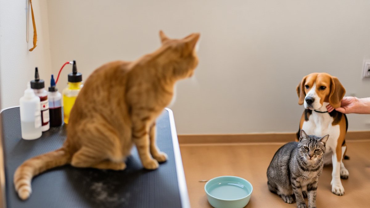 A concerned-looking grey tabby cat sitting near a small mess on a kitchen floor in soft morning light