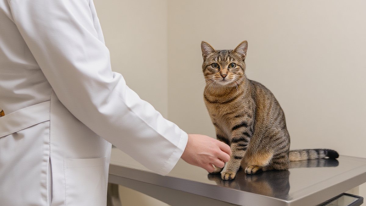 A brown tabby cat sitting calmly on a stainless steel exam table while a veterinarian reaches gently toward it